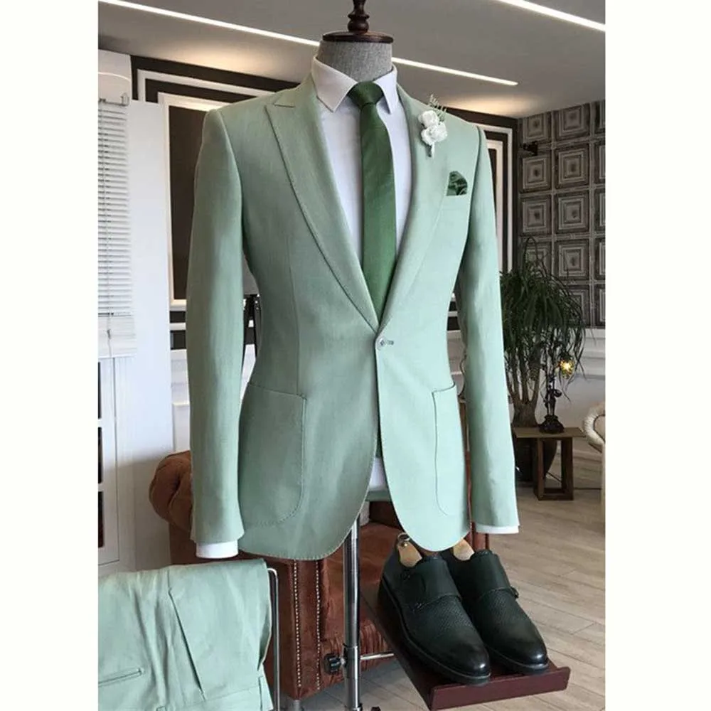

Элегантный женский зеленый костюм для мужчин, однобортный комплект из двух предметов, пиджак и брюки, Мужская одежда, облегающий костюм для свадебной вечеринки, деловой пиджак