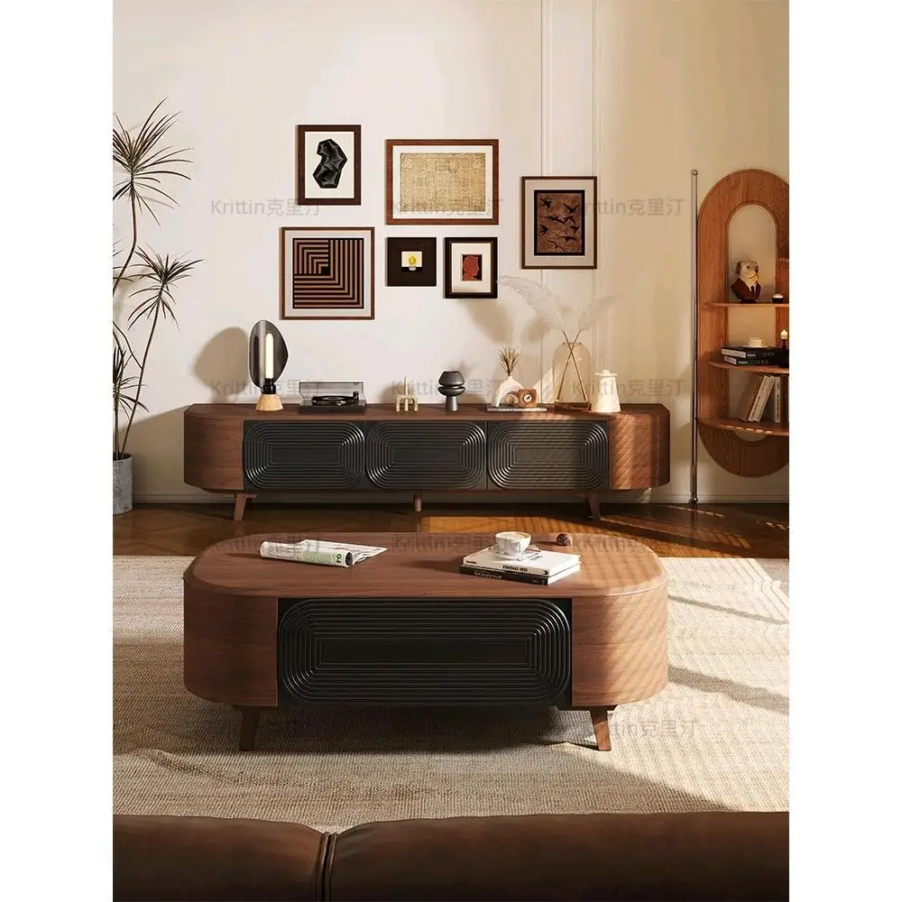 

French retro solid wood TV cabinet coffee table combination American antique villa locker modern simple TV cabinet