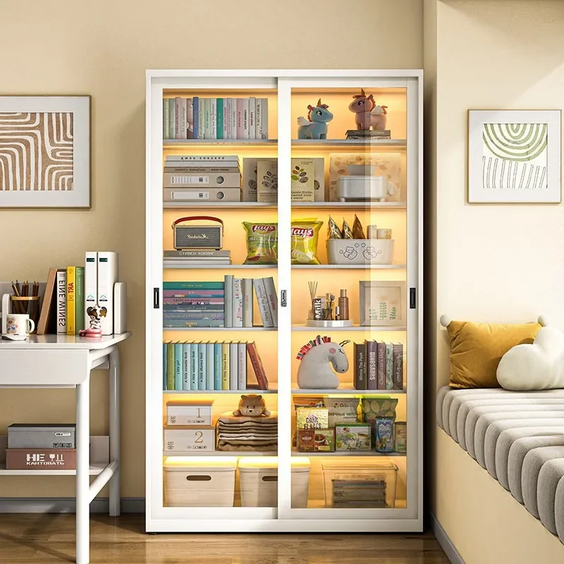 Floor to Ceiling Steel Bookcase with Glass Sliding Doors Lockable Display Cabinet Large Capacity Storage Shelf for Home