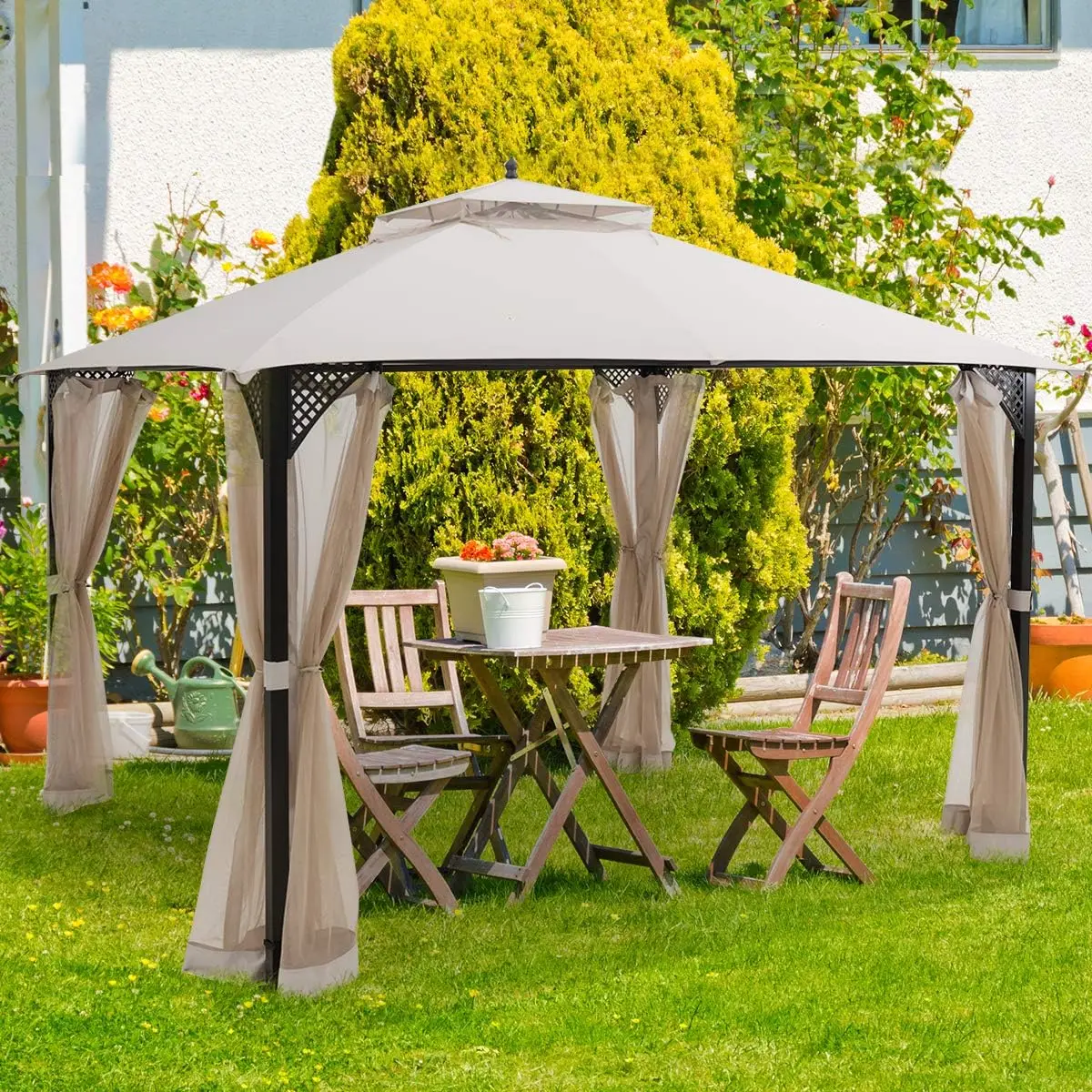 

10x12 Ft Gazebo with Netting, Outdoor Gazebo with Double Vented Roof, Mesh Sidewalls, Top Hook, Heavy Duty Steel Gaze