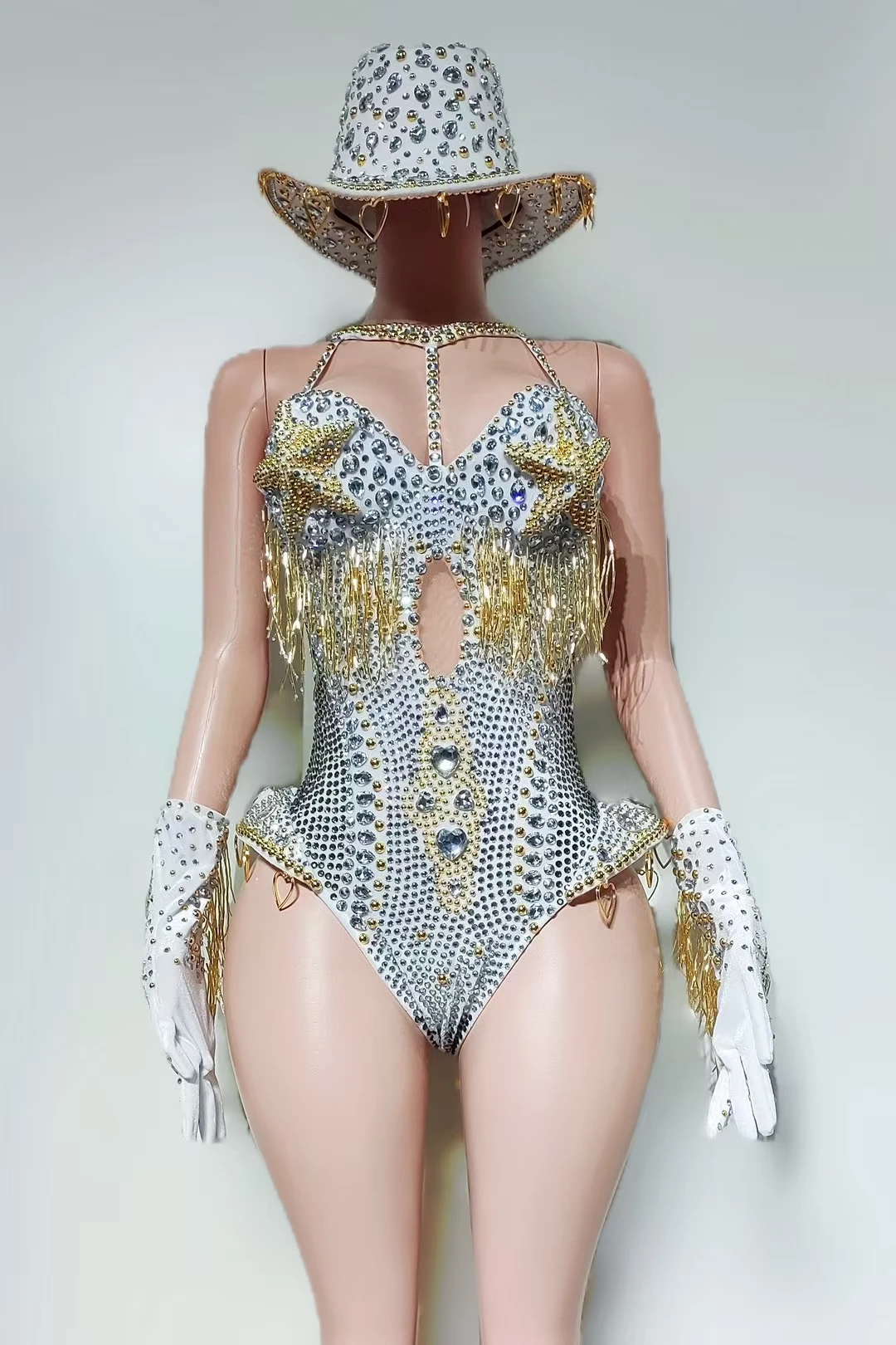 High-end Rhinestones Bodysuit 4Pieces Set Sesy Women Club Outfit Cowboy Party Show Jumpsuit Carnival Showgirl Sexy Wear Hongding