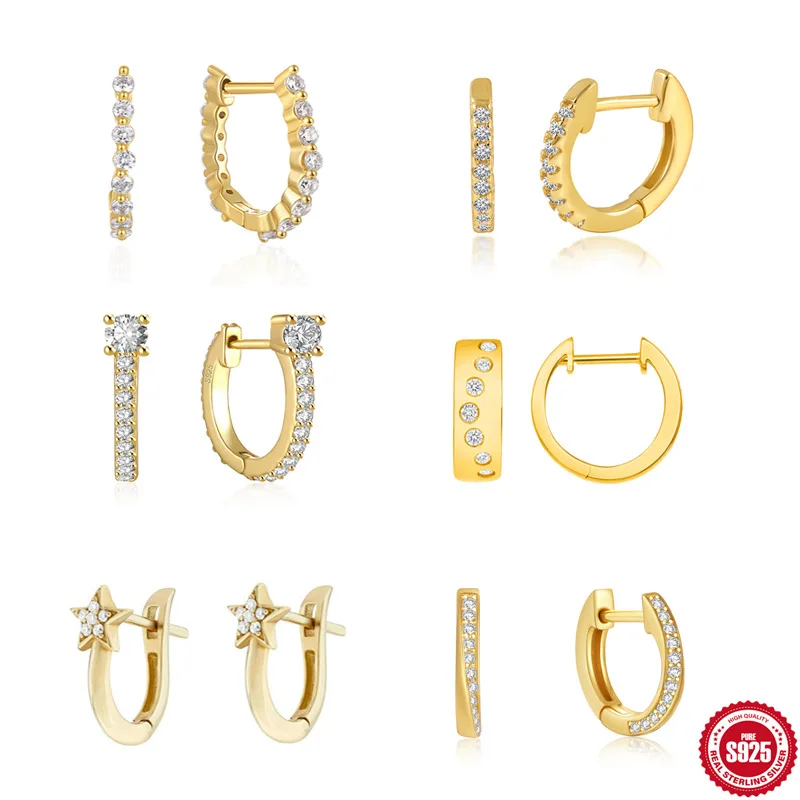 100% 925 Sterling Silver Zircon Geometric Hoop Earrings for Women Girl Fashion U-shaped Design Jewelry Party Gift Dropshipping