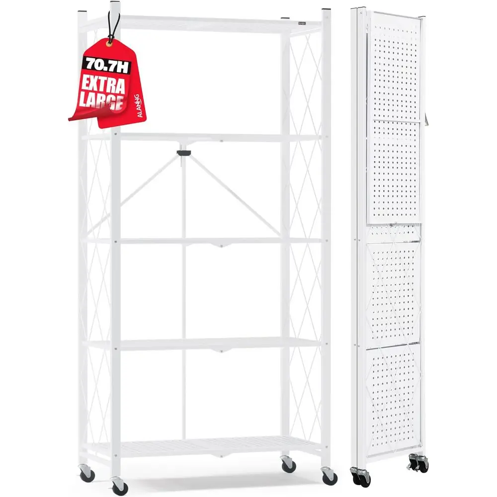 

70.7 5-Tier Metal Storage Rack on Wheels, Heavy Duty, No Assembly, Rolling, Collapsible, Ideal for Kitchen, Basement, Pantry (Wh