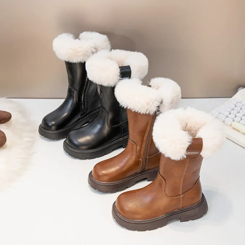 Winter Girls Fashion Snow Boots with Fur Kids Plush Shoes Pu Leather Flats Outdoors 532