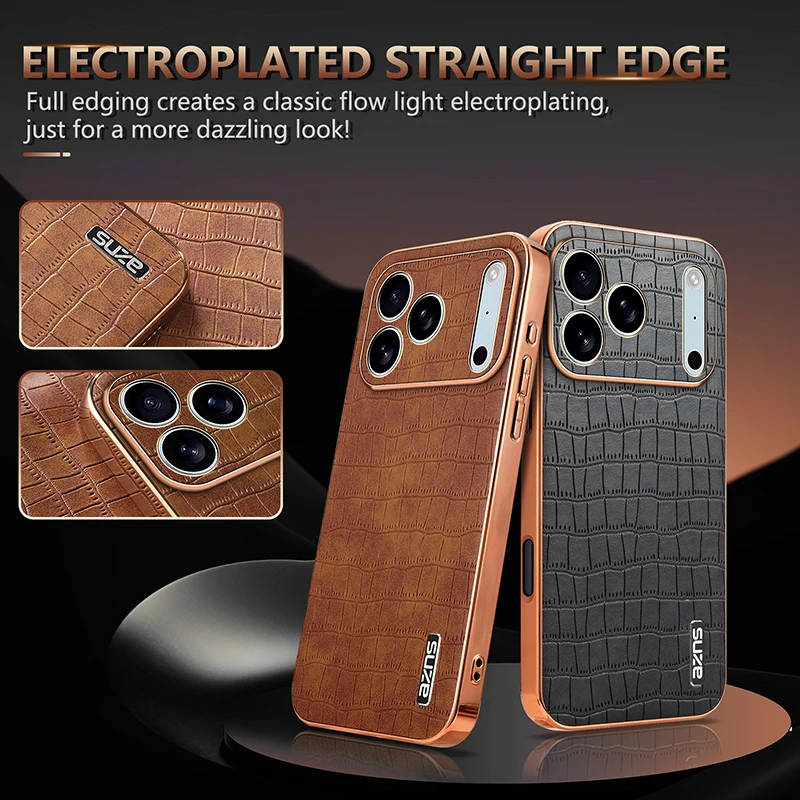 Retro Crocodile Pattern PU Leather Case For iPhone 17 Air 16 16e 15 14 13 12 11 Pro Max 16 Plus Plating Gold PC Frame Cover