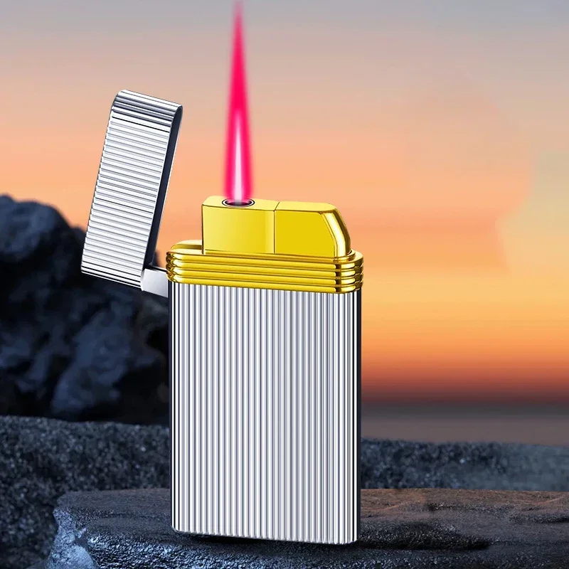 

New Ultra-Thin Windproof Red Flame Inflatable Lighter Metal Three-Dimensional Lines High-Grade Men's Gifts