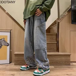 2024 Spring And Autumn Retro Distressed Straight Jeans Fashion Embroidery Men's Trousers Loose Casual High Street Wide Leg Pants