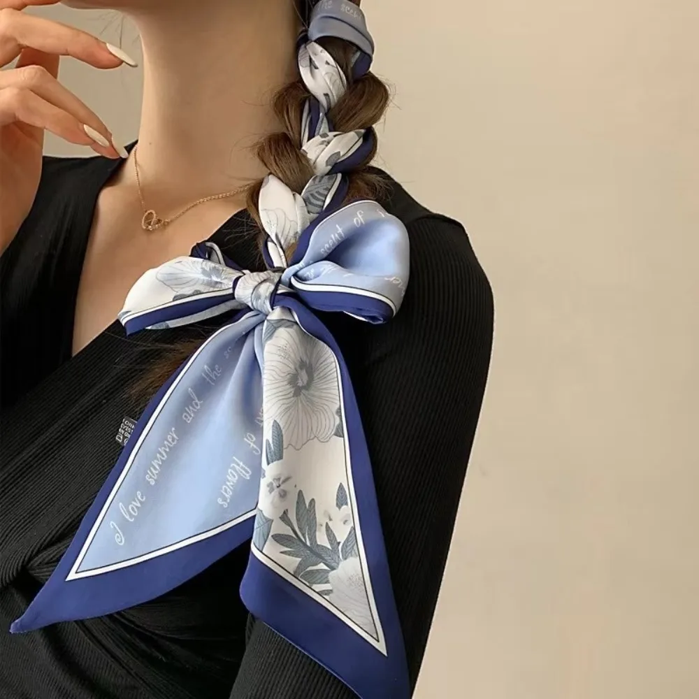 Summer Floral Silk Satin Scarf Narrow Thin Long Tied Hairband Bag Decoration Neckerchief Vacation Headscarf