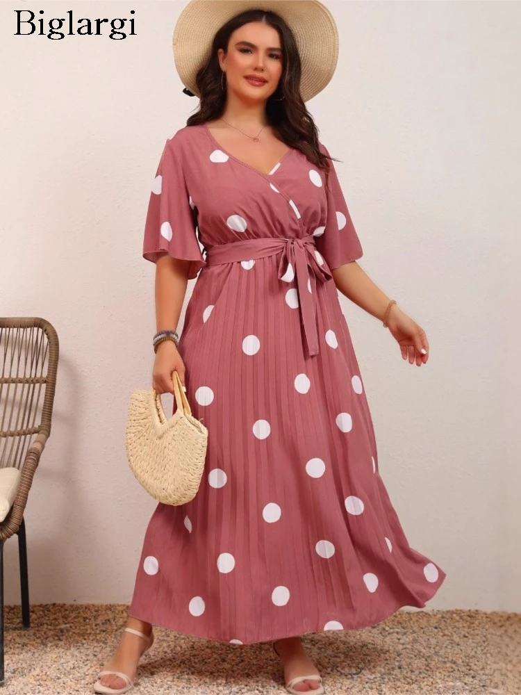 Plus Size Polka Dot Print Zomer V-hals Jurk Vrouwen Ruche Geplooide Losse Mode Dames Jurken Korte Mouw Casual Vrouw Jurk