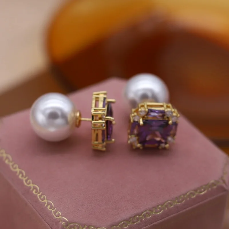 Korean new design fashion jewelry square purple zircon pearls front back wearing earrings elegant women's daily work accessories