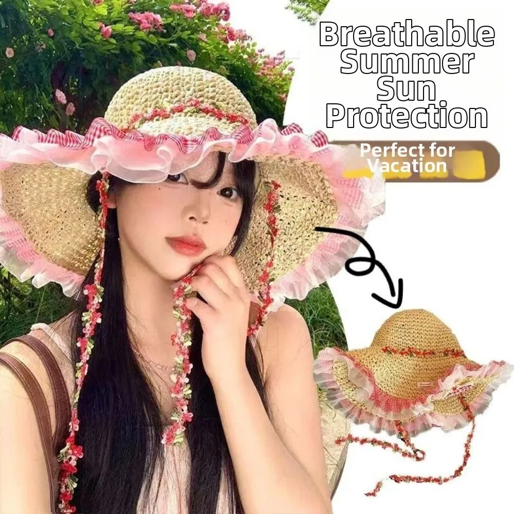 

New Sun Protection Straw Hat Foldable Large Brim Lace Trim Hats UV Protect UPF 50+ Sunscreen Hat Women Girls