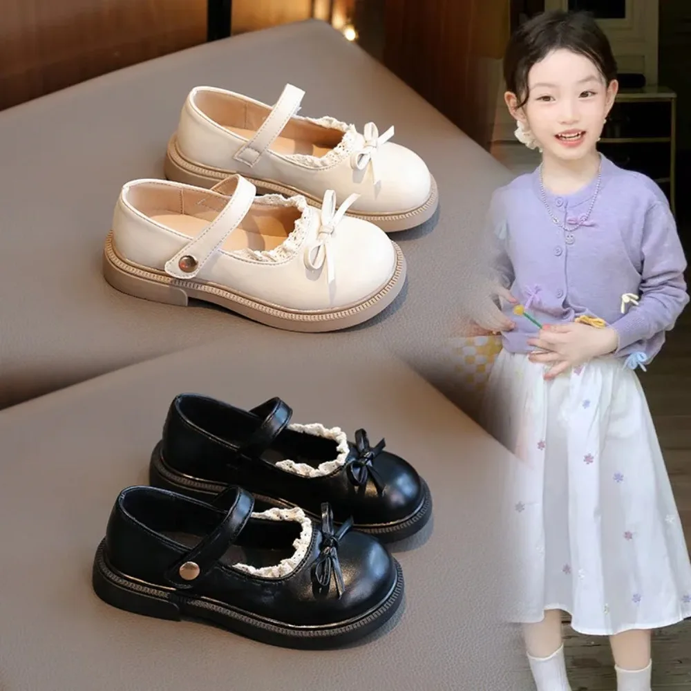

Kids Leather Shoes Sweet Bowknot Black School Girl Shoes Fashion Lolita Style Chic Children Princess Causal Flat Shoes Hook Loop