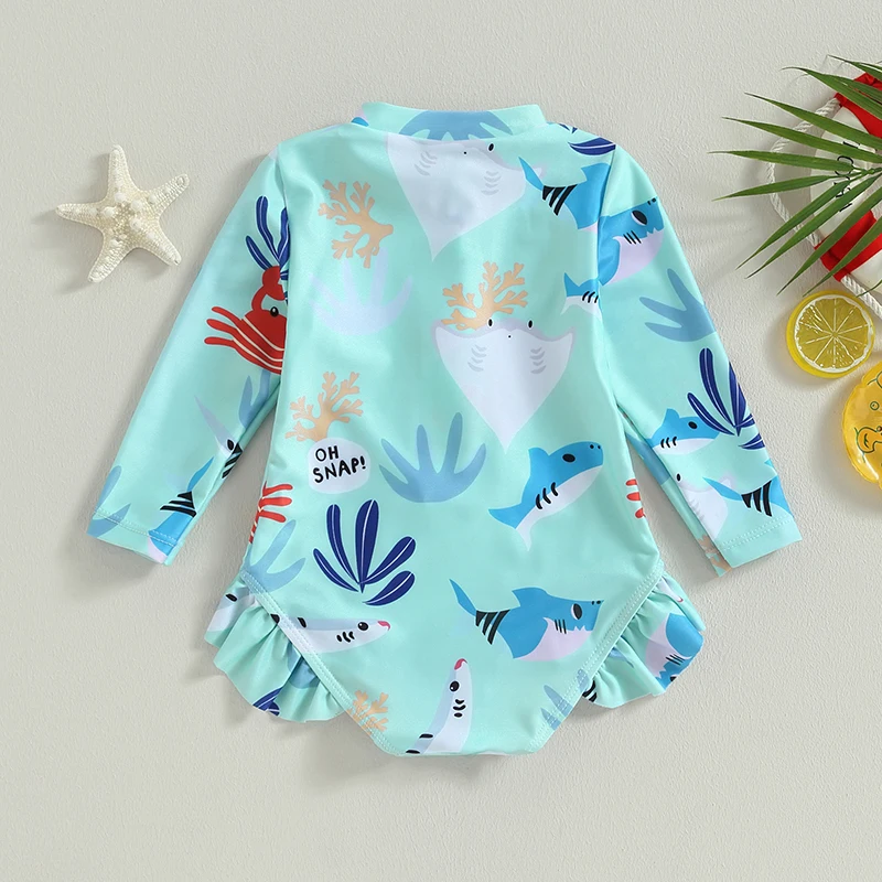 Kids Girls Bikini Long Sleeve Swimsuit Stand Collar Sea Animal Print Swimwear for Summer Beach