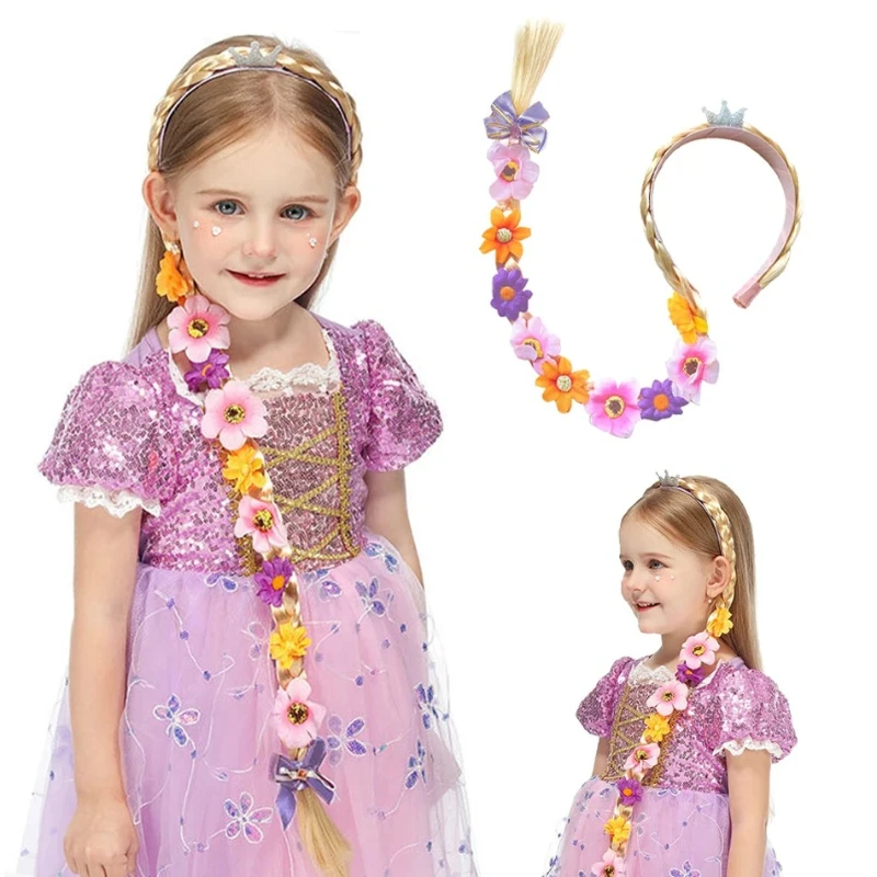 Girls Floral Princess Headband Hand‑Woven Long Braid Wig Hairband Kids Fairy Dress‑up Headwear for Halloween Cosplay Parties
