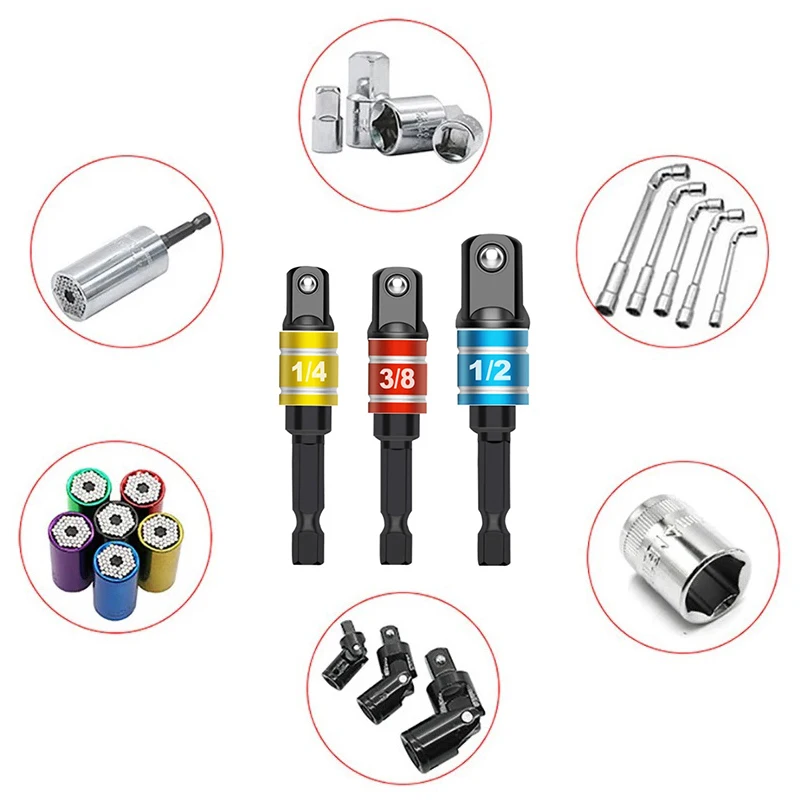 Hex Shank Socket Adapter Set, 1/4"3/8" 1/2" Impact Grade Drill Bit Extension Nut Driver Wrench Sleeve Converter