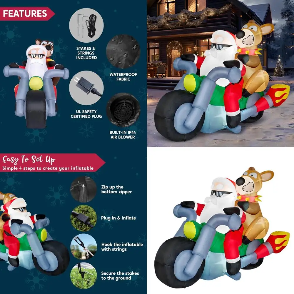

7-футовый надувной Санта-Клаус на мотоцикле с оленями для уличных рождественских украшений
