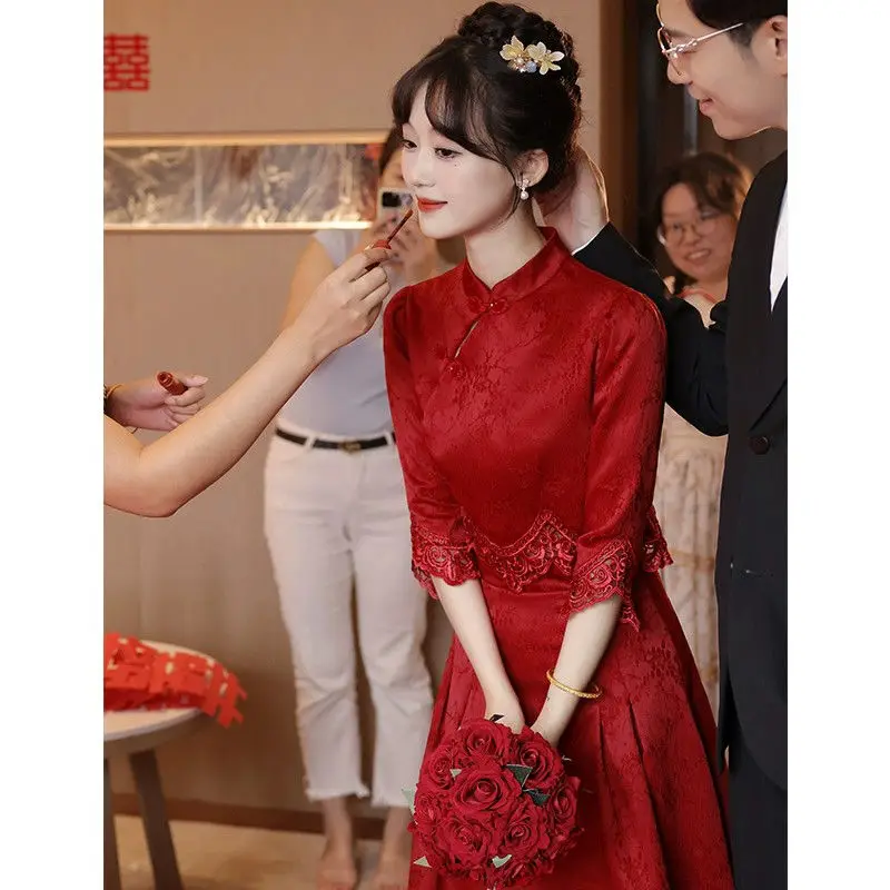 

Yourqipao Chinese Women Cheongsam Wedding Toasting Dress Red Engagement Evening Gowns Tang Suit China New Year Party Dresses