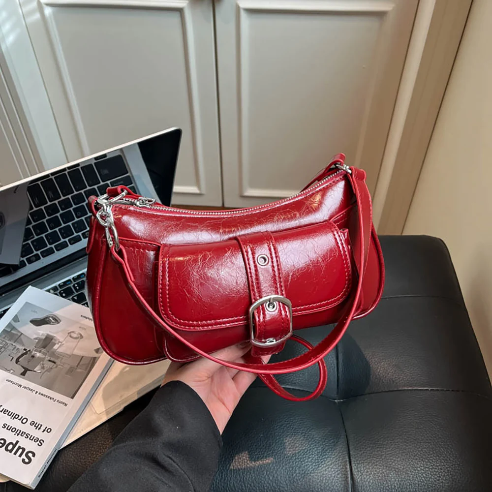 Women Spring New Glossy Pu One Shoulder Bag Korean Style Solid Zipper Crossbody Bags Burgundy Soft Versatile Underarm Packs