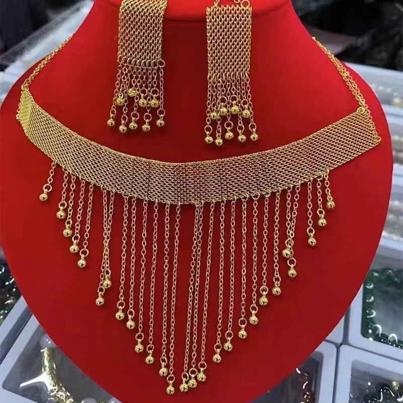 Dubai Gold color Metal Necklace Earrings Set Luxury Tassel Pendant Design Bridal Jewelry Set Free Shipping