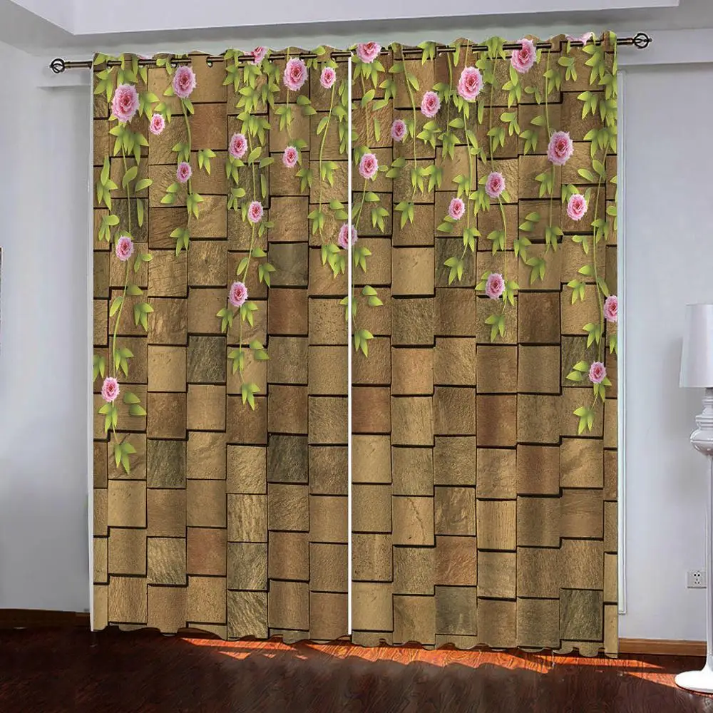 Curtain Decoration 3D Brief Green leaf flowers on the lattice wall Curtains For Bedroom Living room Polyester Room Curtain