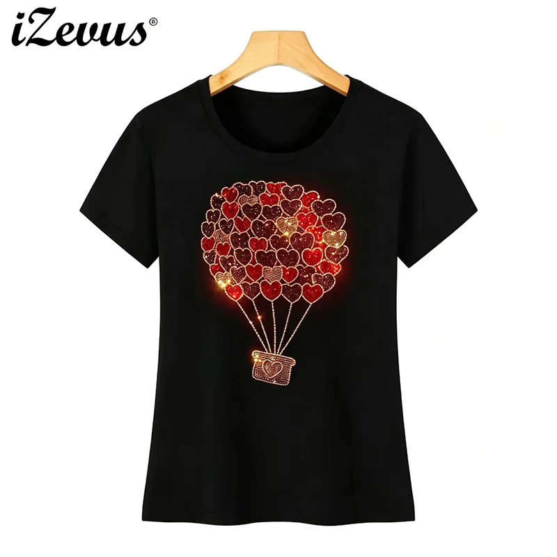 Super Flash Love balloon Hot Diamond Women's T-Shirt Hot Summer Short-Sleeved Diamond Shiny Lady Round Collar Cotton T-Shirt
