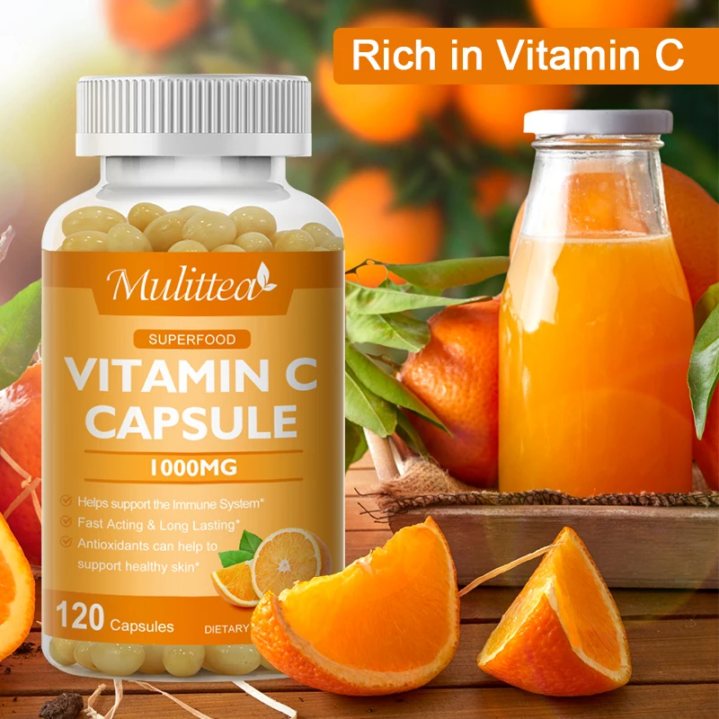 Mulittea Cápsulas de vitamina C para apoyo inmunológico Salud de la piel Suplemento vitamínico Ilumina la piel Reforzador de colágeno Sin OGM Vegano