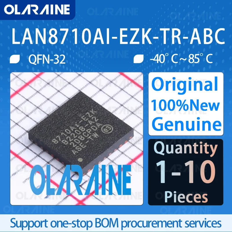 1/5/10Pcs LAN8710AI-EZK-TR-ABC QFN-32 Communication Ethernet ICs Number of transceivers1Transceiver Data rates 10 Mb/s 100 Mb/s