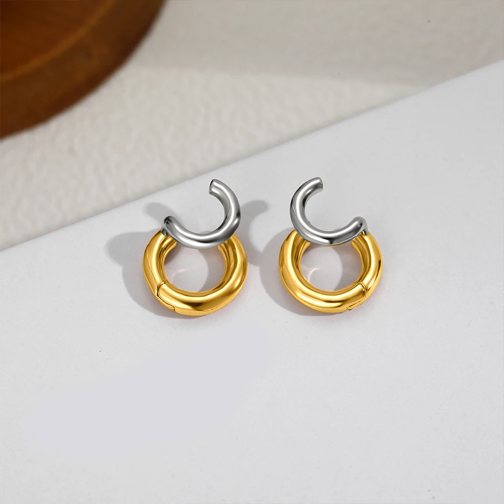 Edelstahl Farbblockierung Glänzende Doppelschicht-Ohrringe Unregelmäßige Drehbare Halbkreise Damen Pendler Mode Schmuck Geschenke