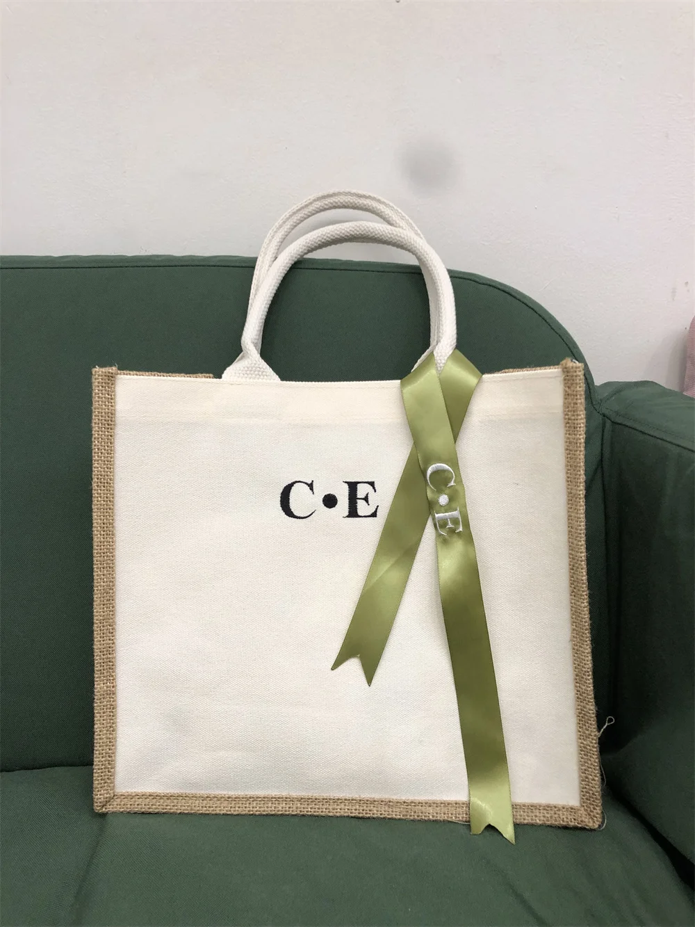 Personalized Embroidery Customized Bag Fashion Canvas Cotton Hemp Splicing Handbag Eco friendly Shopping Bag Gift Packaging Bag