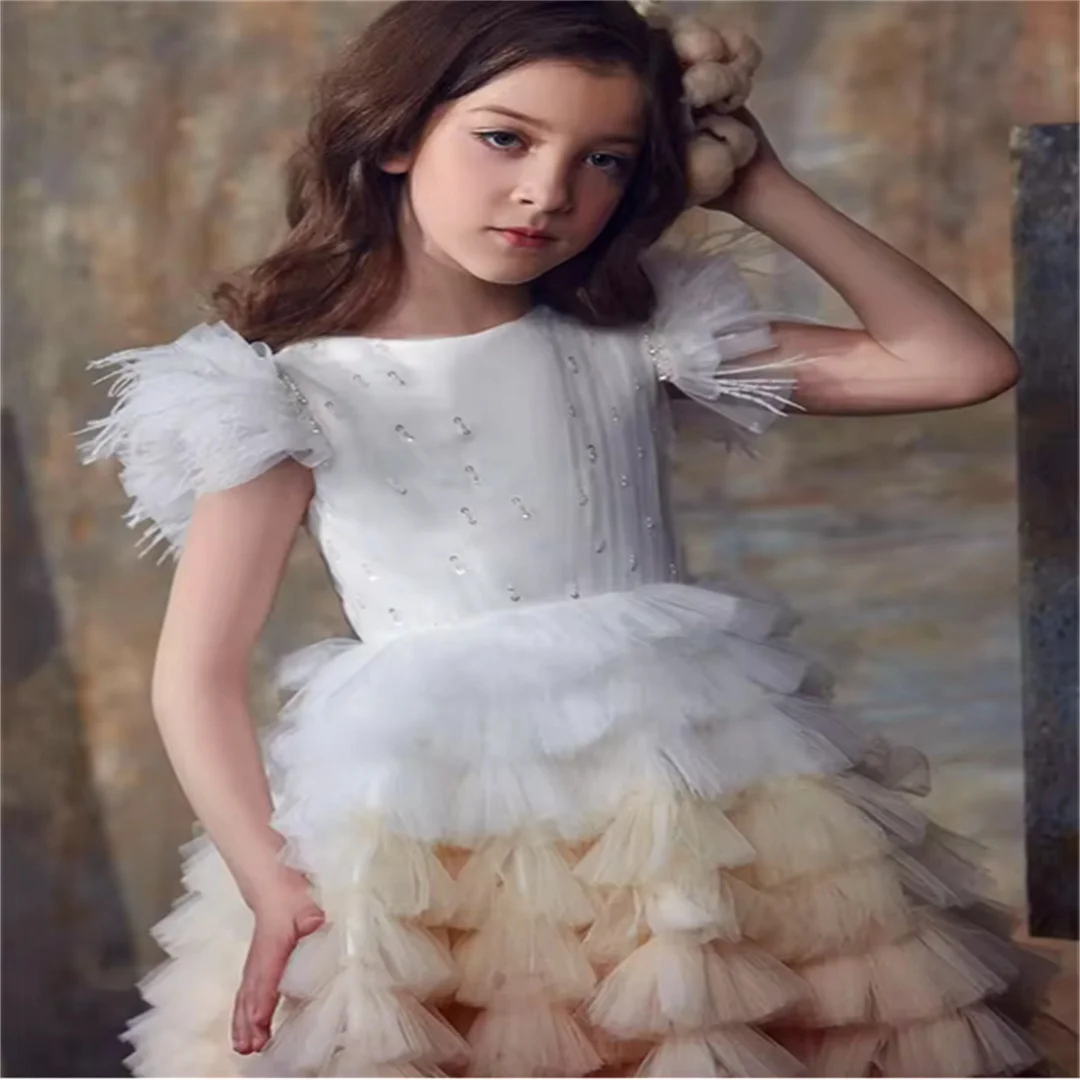 Short-sleeved Tulle Lace Layered Flower Girl Dress Princess Ball First Communion Dresses Kids Surprise Birthday Present