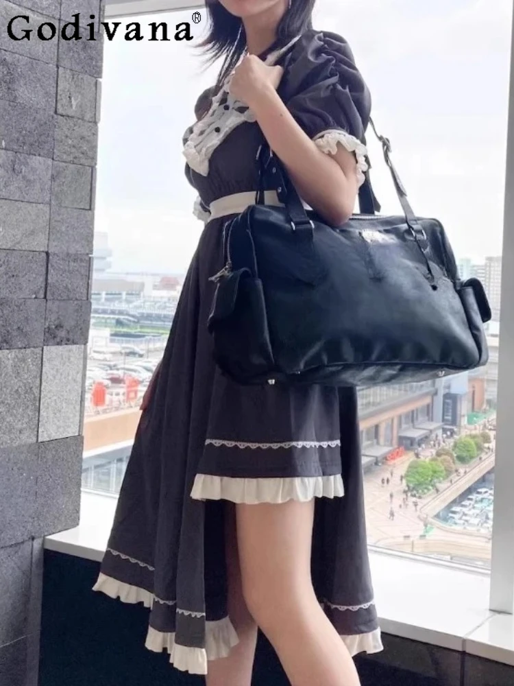 

Elegant Japanese Gothic Embroidery Pleated Lace Dress Fashion Girls Lace-up Bow Age Reduction Personalized Irregular Dresses