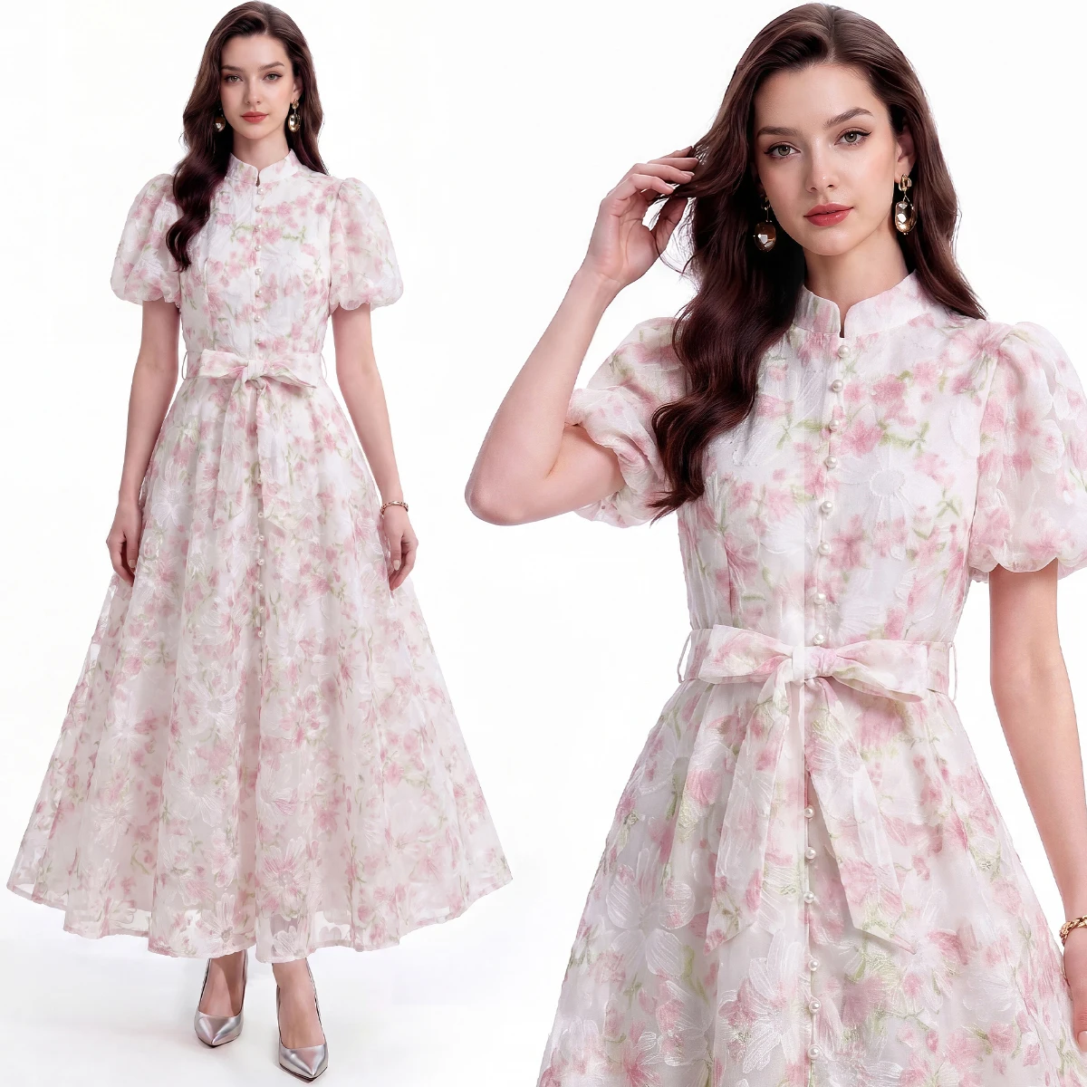 

Korean Style Lace Dress Women's Summer High Waist A-Line Skirt Elegant Commute Long Dress Polyester Fiber Short Sleeve Slim Fit