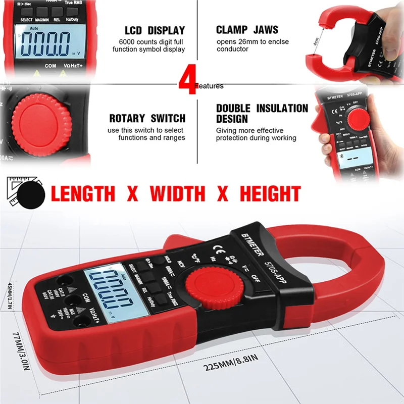 Digital AC/DC Volt Amp Clamp Meter,Auto Ranging 1000A Ammeter Clamp Multimeter with Wireless Bluetooth for Ohm,Cap