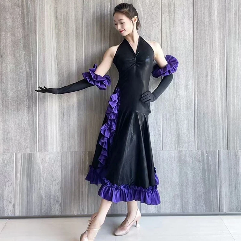 Ballroom Dance Competition Dress For Women Hanging Neck Purple Lace Splice Dress Gift Gloves Waltz Modern Dance Clothing DN16783