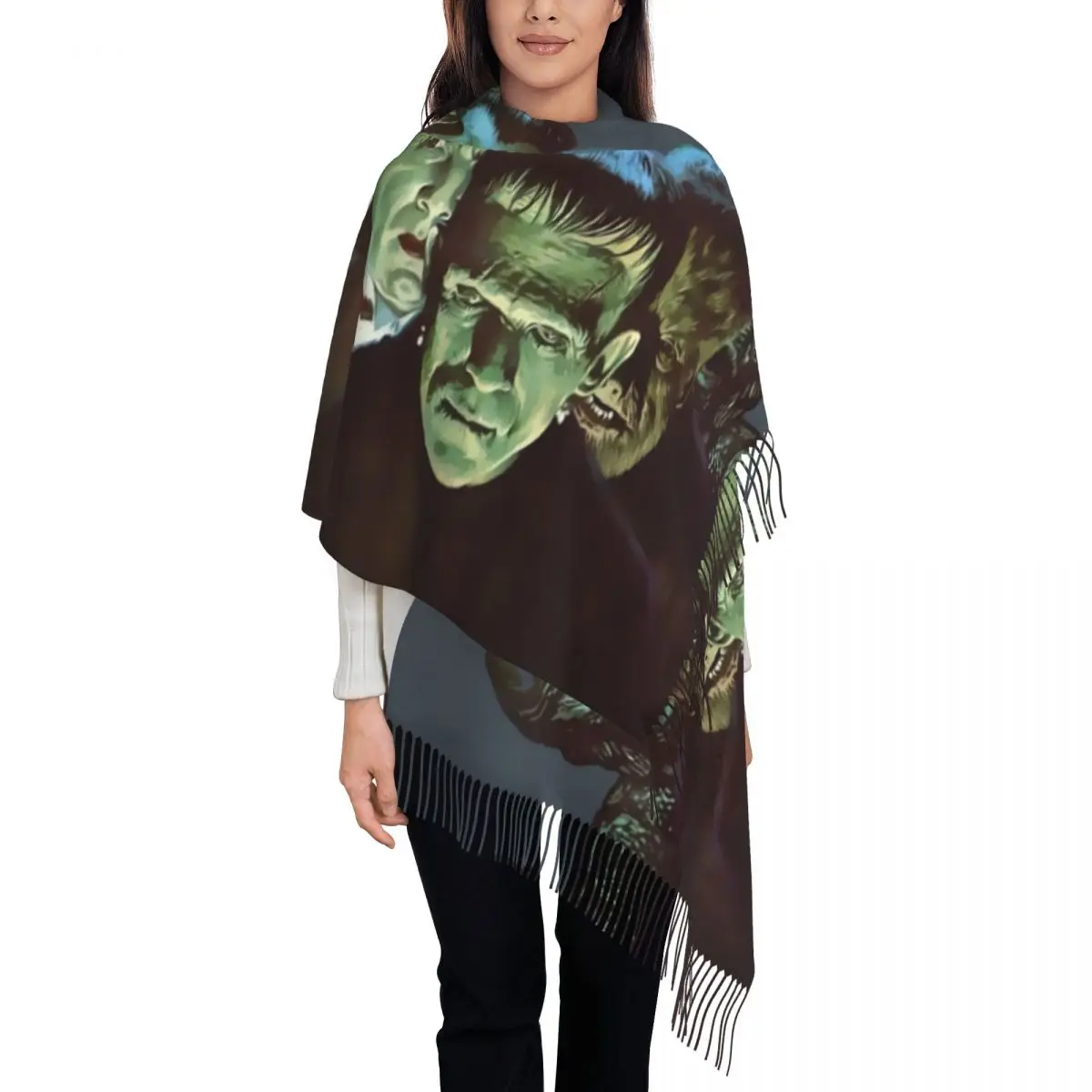 Fashion Gang Of Monsters Tassel Scarf Women Winter Warm Shawl Wrap Lady Bride of Frankenstein Horror Film Scarves