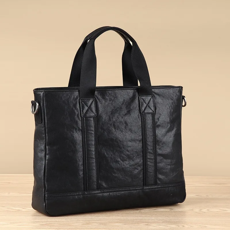 Borsa per computer per documenti da uomo in vera pelle, stile orizzontale per affari e tempo libero, borsa a mano di grande capacità in pelle bovina di primo strato.