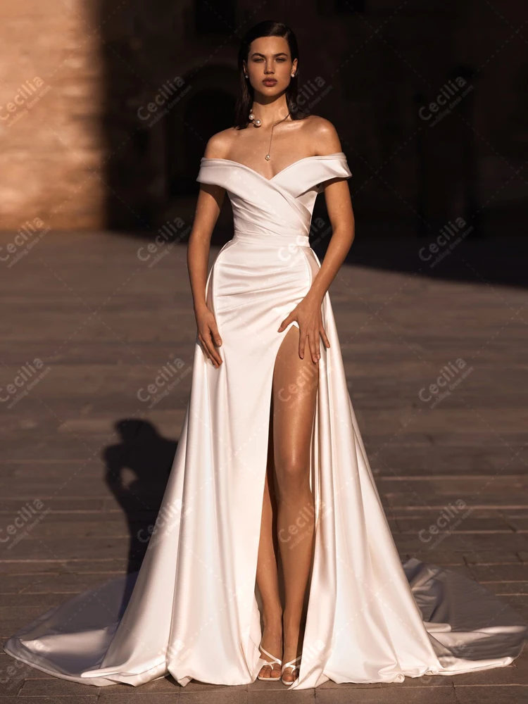 Glamorous Wedding Dresses Satin Elegant Bridal Gowns Off The Shoulder Robes Sexy High Slit Backless Charming  Vestidos De Novia