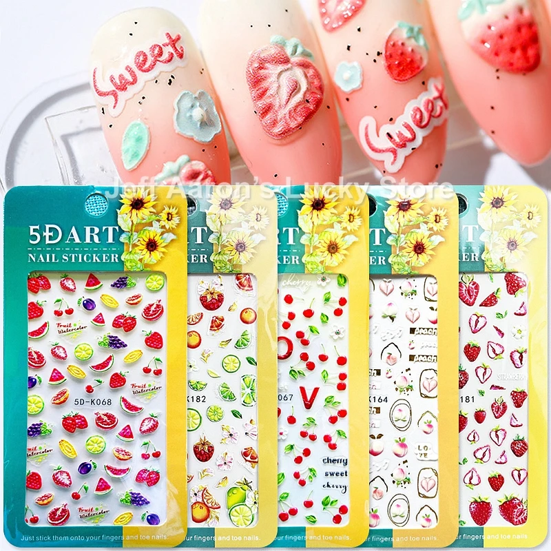 

Embossed 5D Nail Art Decoration Stickers For Fruits Strawberry Cherry Lemon Watermelon Relief New Craft 3D Nails Decals Design