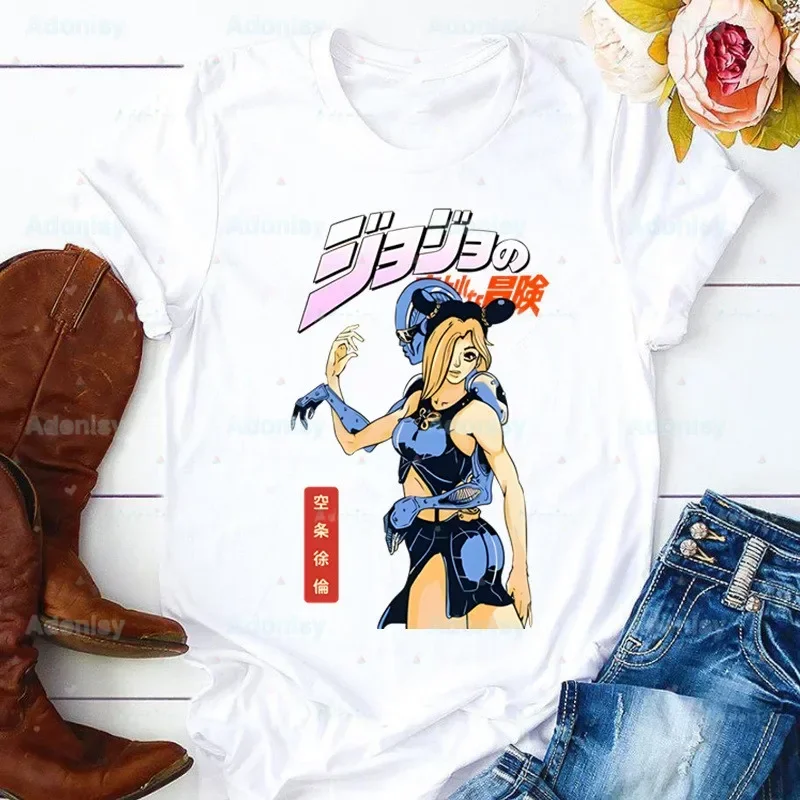 Jolyne Cujoh Stone Ocean Print T-shirts Women Summer Graphic Jojo Bizarre Adventure Tees Shirts Tshirts Crew Neck Harajuku Tops