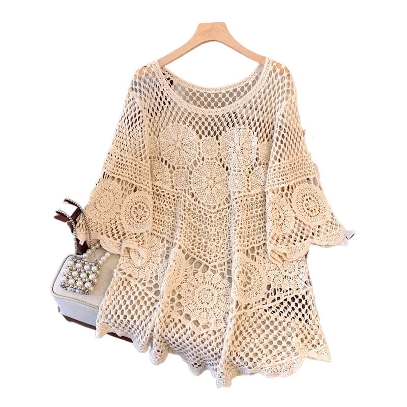 

Богемный солнцезащитный топ, женский летний тонкий элегантный полый вязаный свитер средней длины, свободная и универсальная рубашка с 7 рукавами