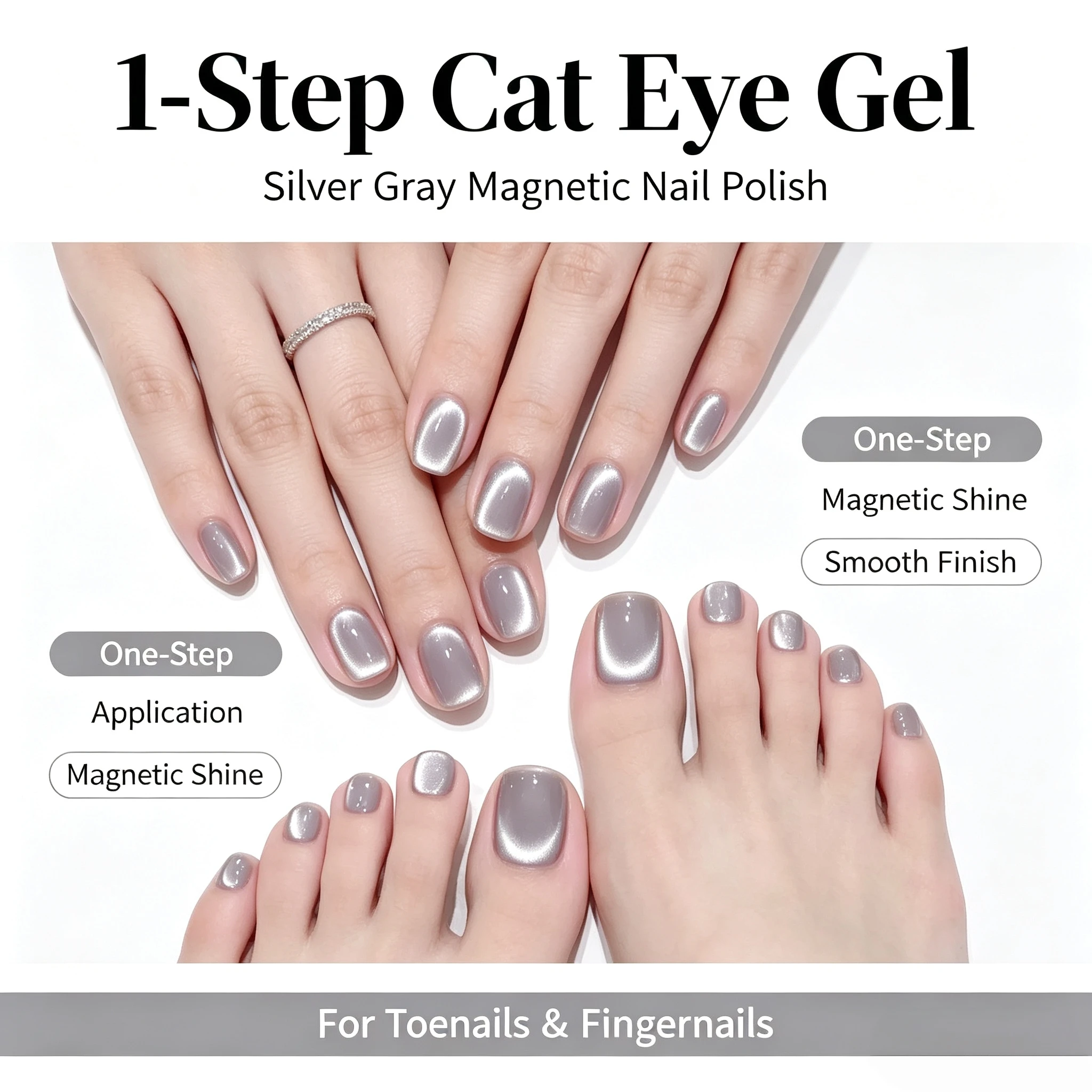 One‑Step Silver Gray Cat Eye Gel Polish, No Base Top Coat Needed UV LED Soak‑Off Gel, Metallic Shimmer for Fall Holiday Fingerna