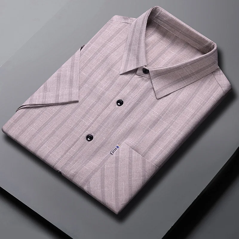 Camicia da abito personalizzata manica corta a righe verticali con risvolto manica corta estiva da uomo