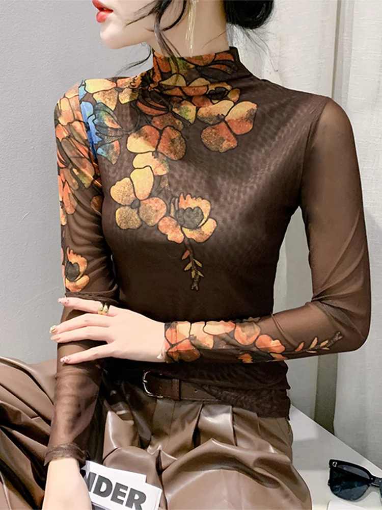 

Ele Me Print Color Blo Long Sve T-irt Women's Breathable f High Collar Faion Slim Fit Base irt