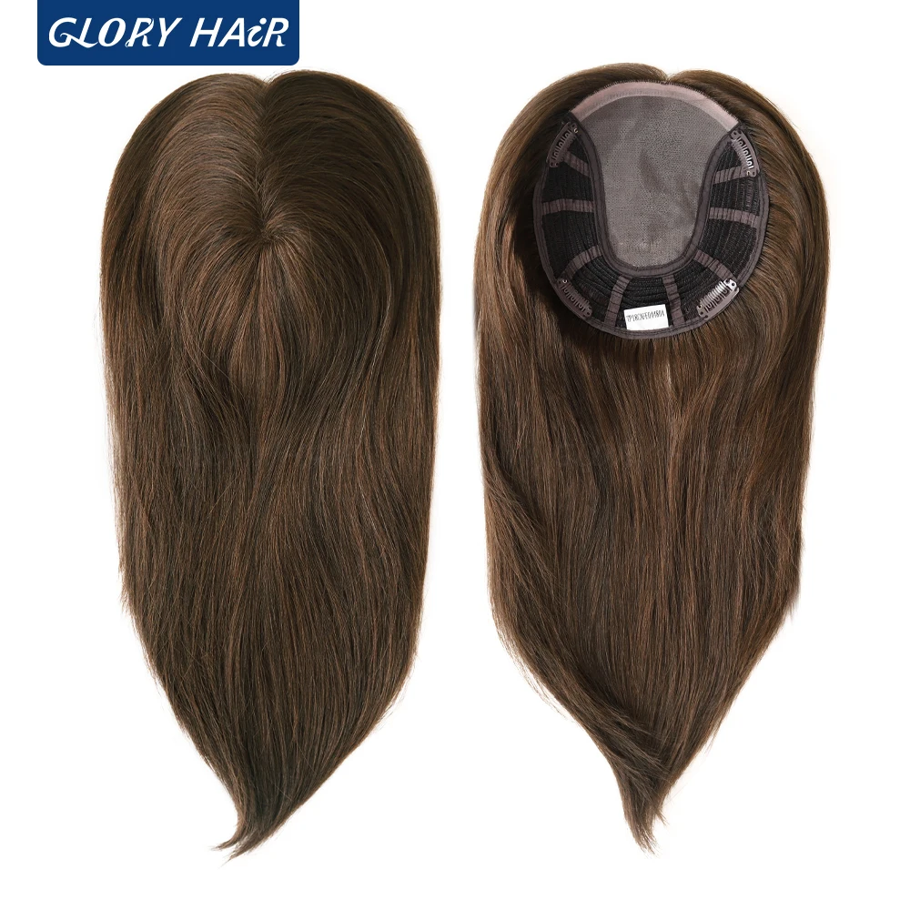 TP18 14 Inches Natural Straight Chinese Human Hair Topper Wig for Women Blonde Human Hair Wig With Clips 6x7 Mono Body Wig