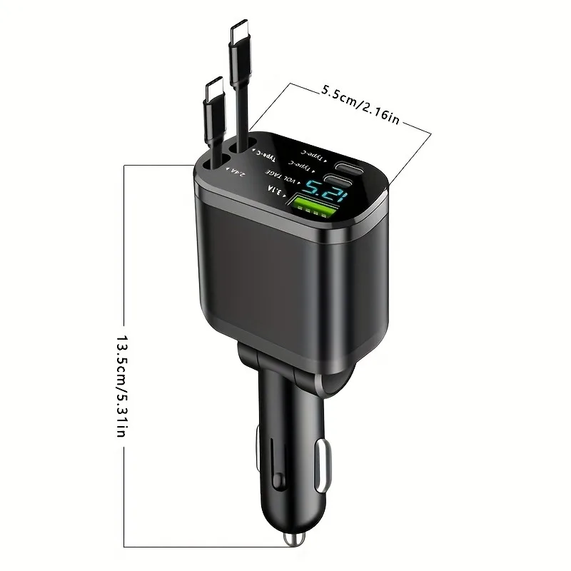 Car Charger with Retractable Cables, Three Charging Ports, Supports Up to 5 Devices Simultaneously, Smart Fast Charging Base