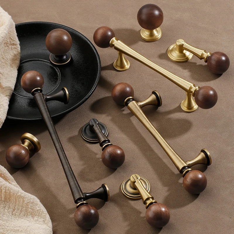 Vintage Brass Furniture Cabinet Handle Retro Drawer Single-Hole Knobs Walnut Wood Wardrobe Door Pulls American Furniture Handles