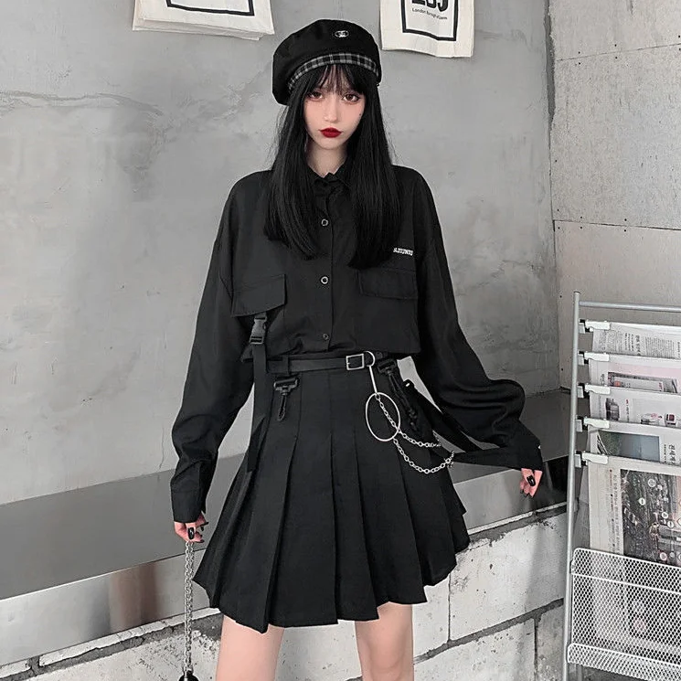봄 여름 A라인 미니스커트 세트 여성용 블랙 셔츠 하이웨이스트 JK 유니폼 스타일 패셔너블 워크웨어 폴리에스터 원단