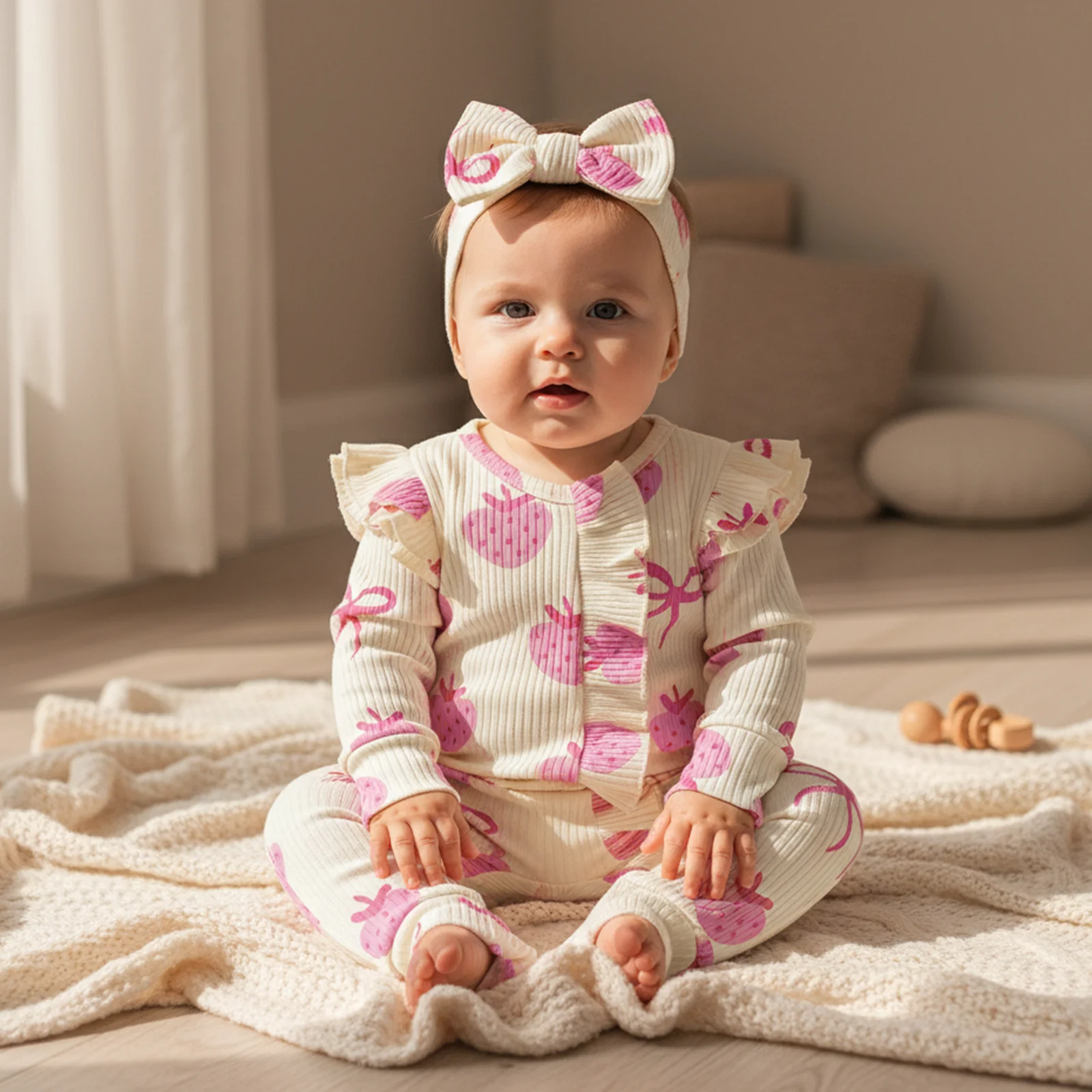 

Милый комбинезон для новорожденных девочек, модный комбинезон с длинными рукавами и принтом клубничного банта и повязкой на голову