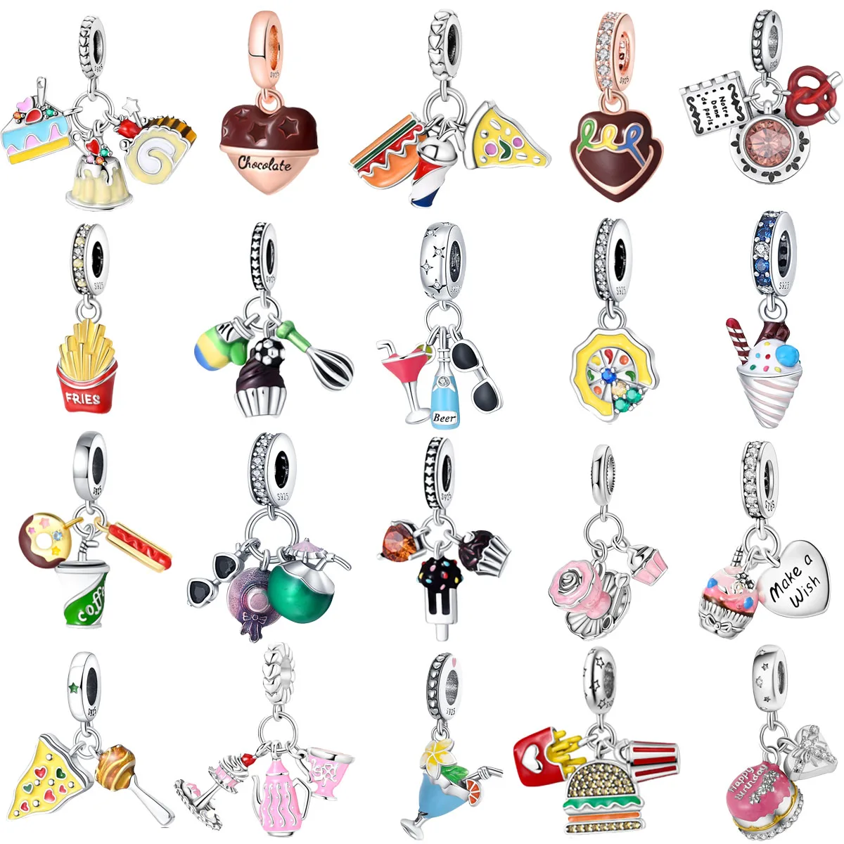 

Original 925 Charms Sterling Silver Chocolate Cake Burger Fries Ice Cream Pendant for Pandora DIY Bracelet Ladies Jewelry Gift