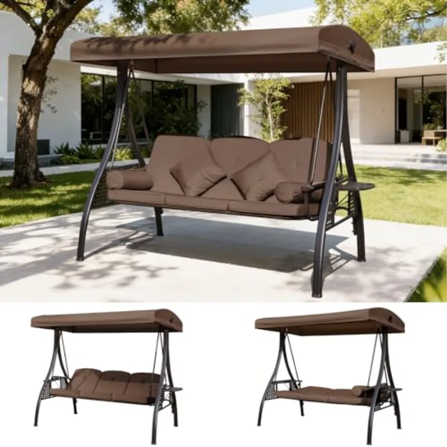 

Уличные 3-местные качели для веранды/патио с навесом, трансформируемые в кровать, для взрослых, с подставкой и держателем для стаканов, коричневые, квадратные